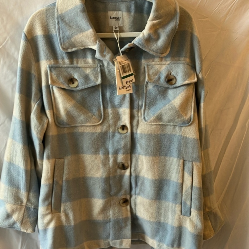 NWT: Kensie Jeans blue/cream SHACKET oversized plaid button up-pockets~size L